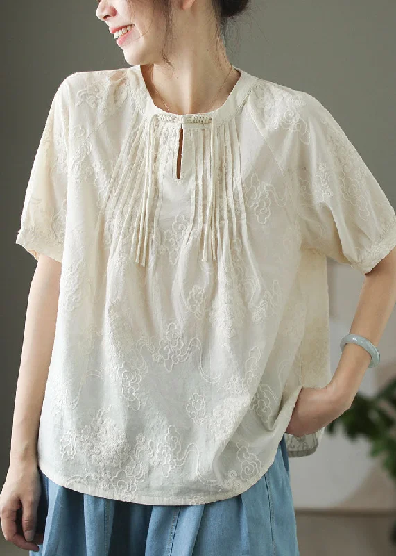 women's tops with sheer overlaysChinese Style Apricot Tassel Embroidered Cotton Top Summer