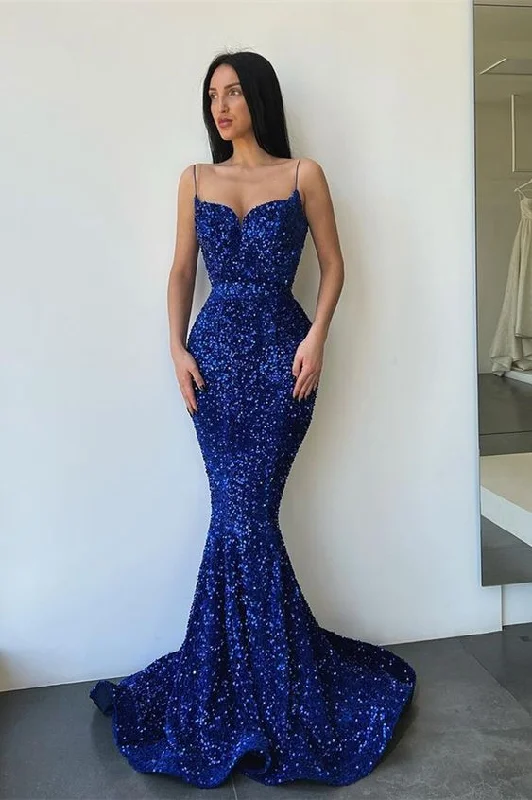 Sequined DressSpaghetti Strap Long Royal Blue Mermaid Prom Dress With Sequins Y5736