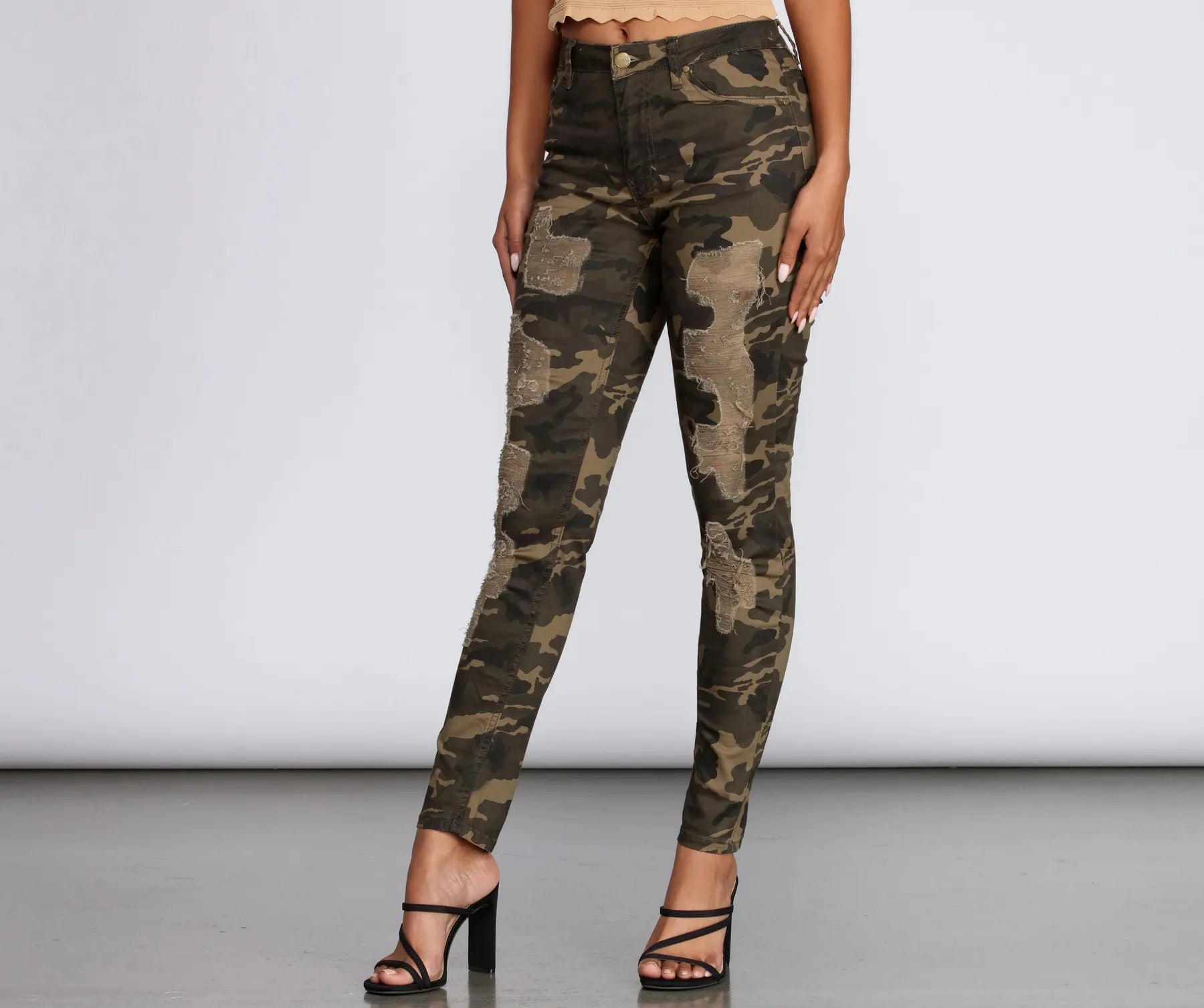 women's distressed pantsTake Cover Distressed Camo Pants