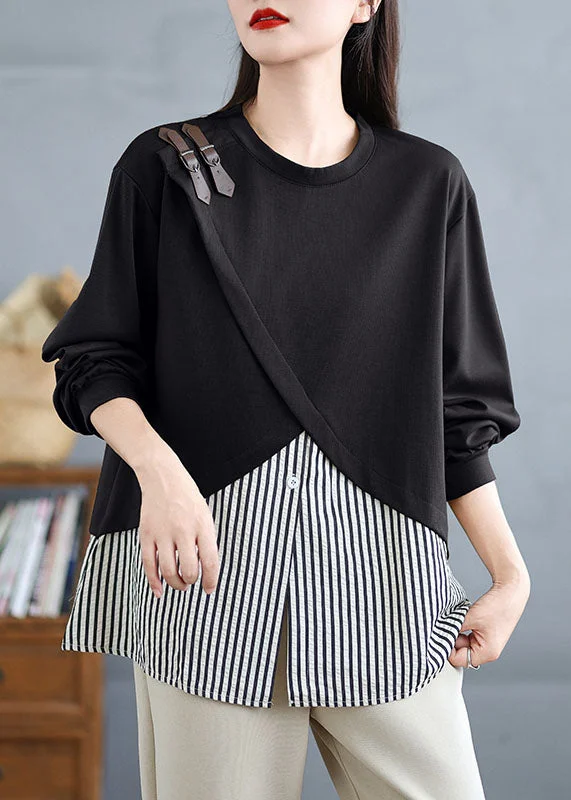 women's tops with asymmetrical designsBlack Striped Patchwork False Two Pieces Cotton Top O Neck Spring