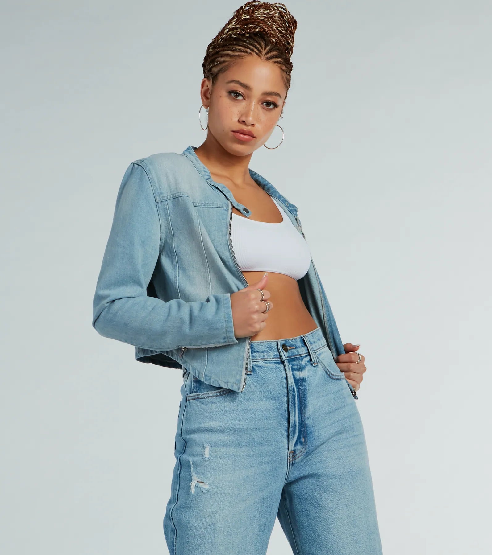 Time To Slay Zip-Up Denim Moto Jacket