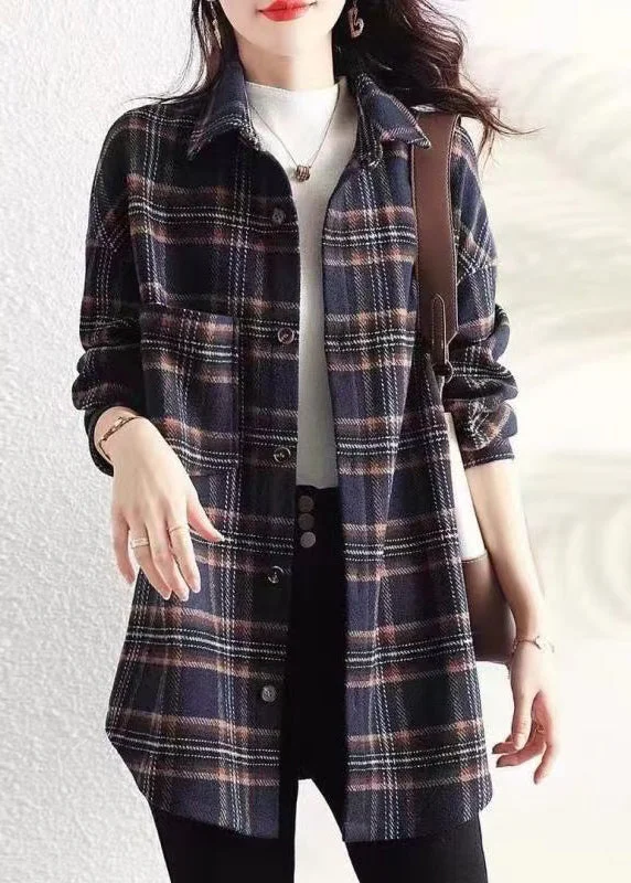 women's tops for fashion-forward individualsCasual Navy Peter Pan Collar Plaid Cotton Shirt Coats Spring