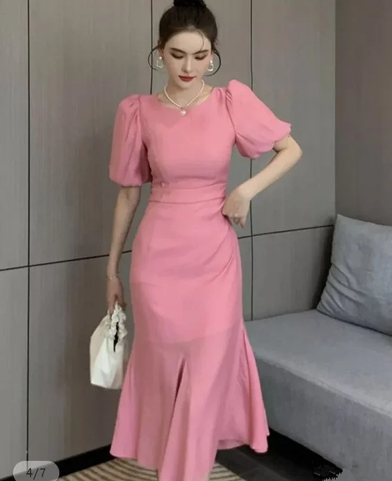 Button-Down DressClassy Pink Puff Sleeves Mermaid Mid-length Prom Dress,Pink Cocktail Dress Y5599