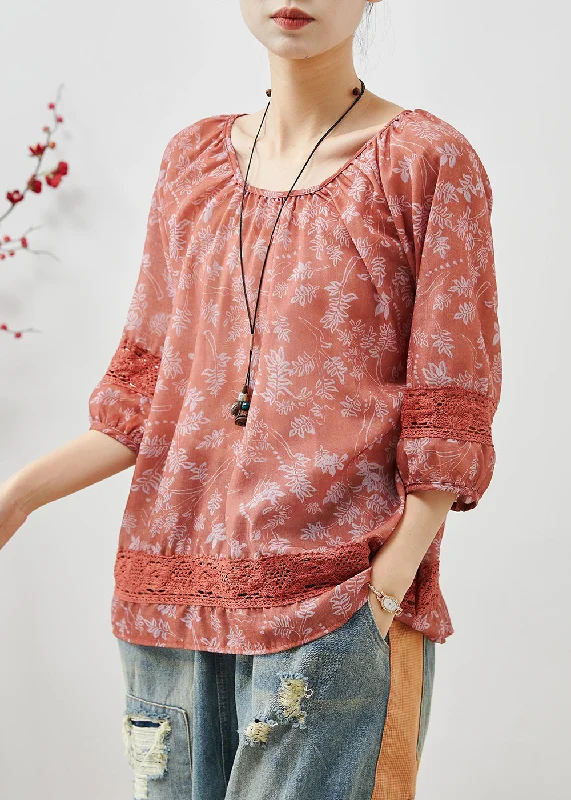 women's tops with lace-up frontsArt Red Print Patchwork Lace Cotton Shirt Summer