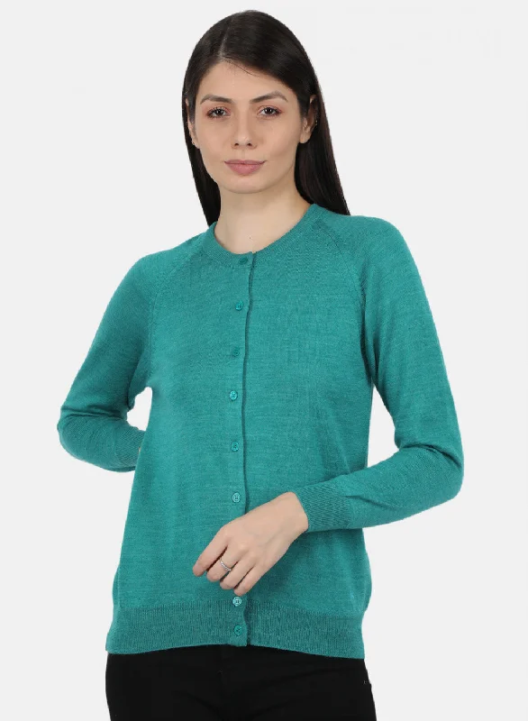 Quick-Dry Wool SweatersWomen Aqua Green Solid Cardigan