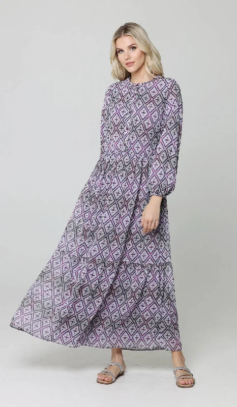 women's velvet dressesArmine Modest Long Tiered Print Maxi Dress - Purple - Final Sale