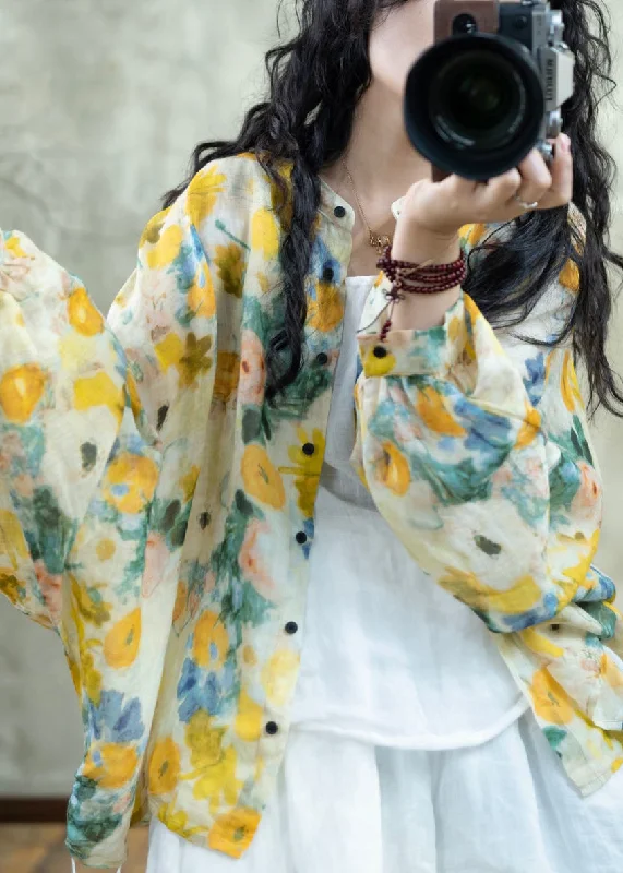 women's tops for those who value both quality and affordabilityBeautiful Yellow Print Button Linen Loose Shirts Lantern Sleeve