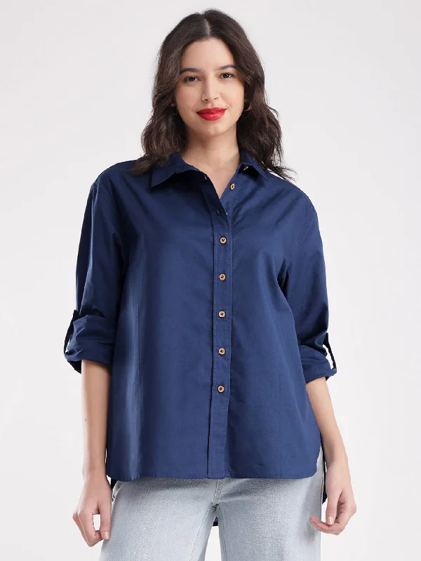 cropped women's topsLinen Oversized Shirt - Navy Blue