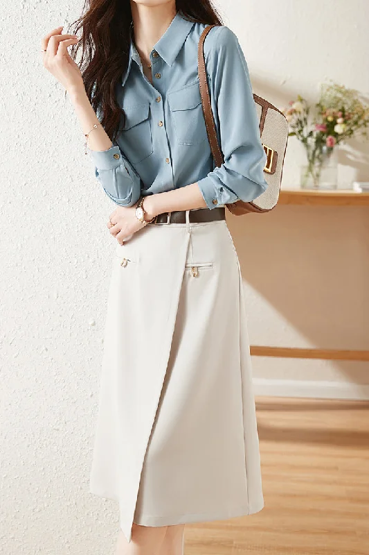 women's tops made from cottonTwo-Piece Set: Double Flap Pocket Basic Shirt + Wrap Style Belted Skirt