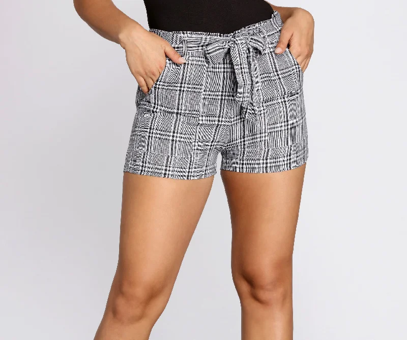 women's loungewear shortsPlaid Paper Bag Tie Waist Shorts