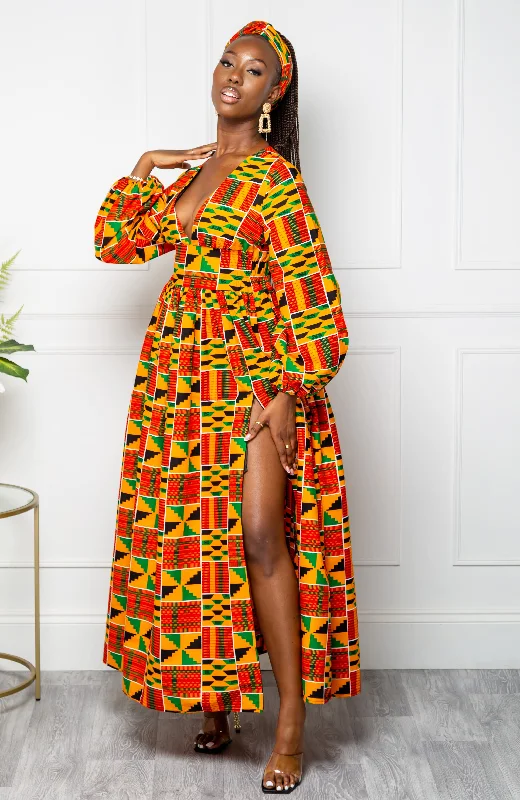 women's prom dressesLow Neck Deep V Long Sleeve | African Maxi Dress  - KENYA