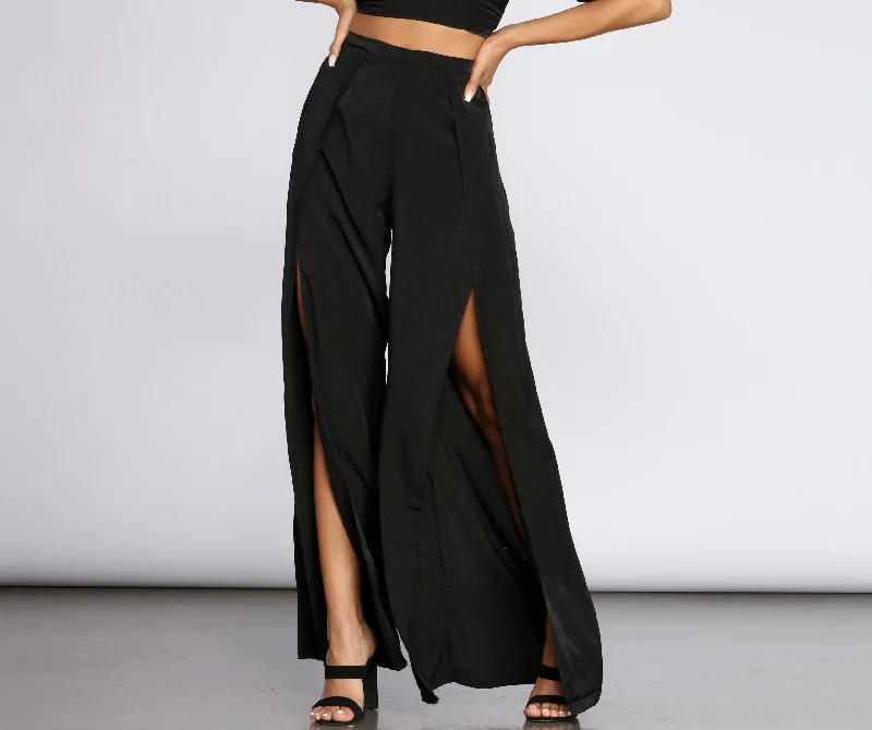 women's patched pantsFlirty Front Slit Wide Leg Pants