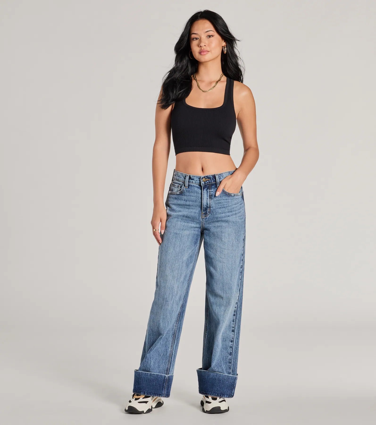 women's denim jeans with embroideryCool Trend High-Rise Cuffed Wide-Leg Denim Jeans