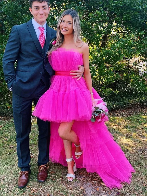 Fit-And-Flare DressHot Pink High Low Tulle Prom Dresses, Hot Pink High Low Formal Graduation Dresses Y5609