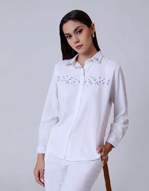 women's tops for those who seek both style and comfortWhite Linen Embroidered Shirt Blouse