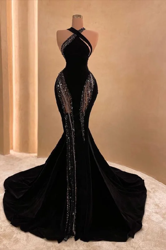 Skater DressSexy Black Mermaid Long Prom Dress with Train,Chic Black Evening Gown Y4178