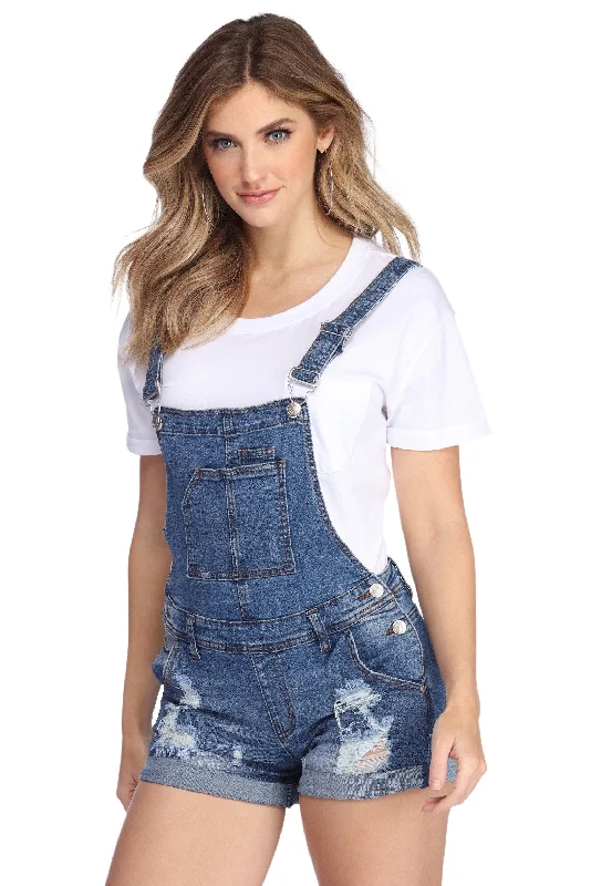 women's dressy denim shortsStylishly Distressed Shortalls