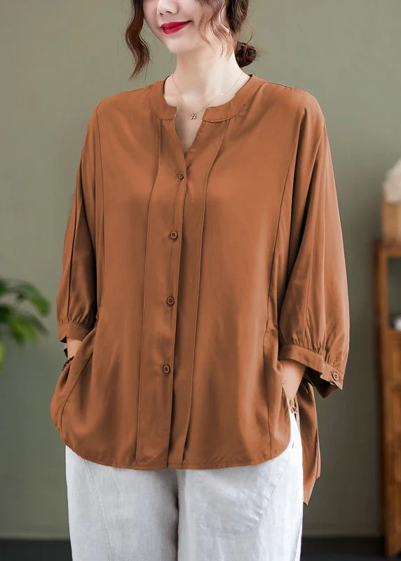 women's tops with flutter sleevesOrange Cotton Shirts Cinched Low High Design Batwing Sleeve