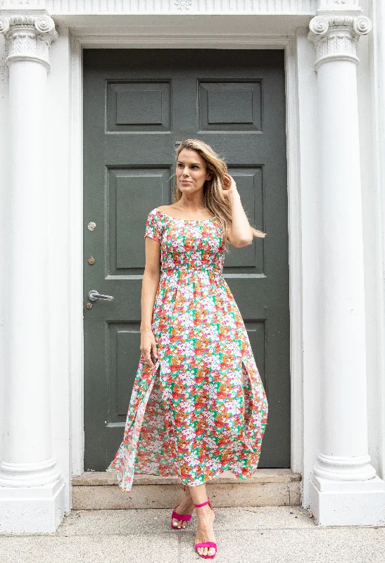 Flowy DressSmocking Bodice Blossom Maxi Dress