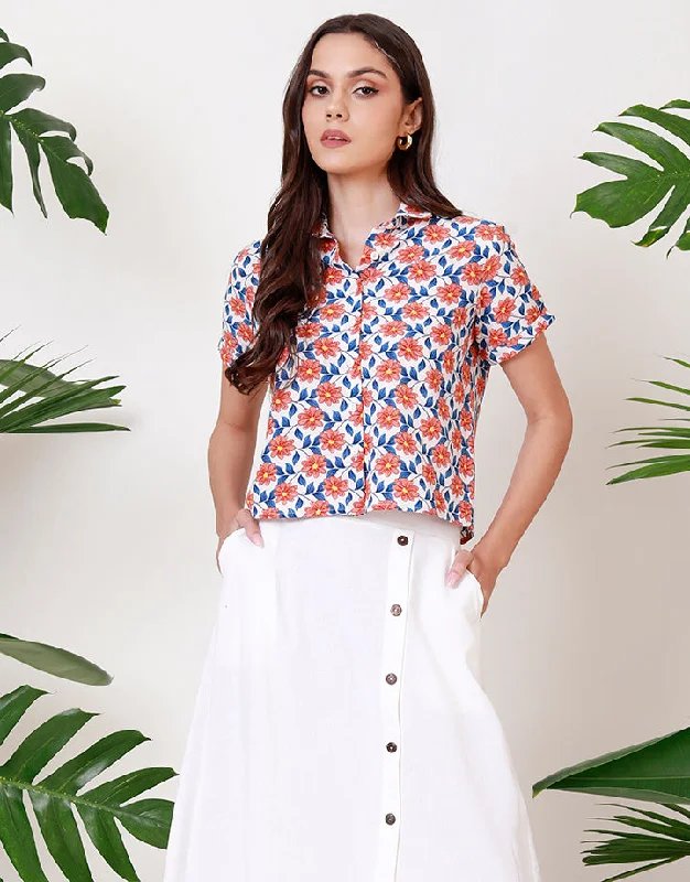 women's tops for those who want to elevate their everyday wear with chic and elegant piecesPrinted Short Sleeves Cropped Shirt