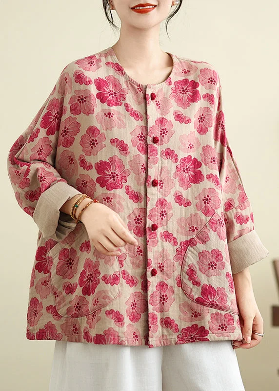 women's tops for those who want to add a touch of sophistication to their casual attirePlus Size Red O Neck Pockets Print Cotton Shirts Coat Spring