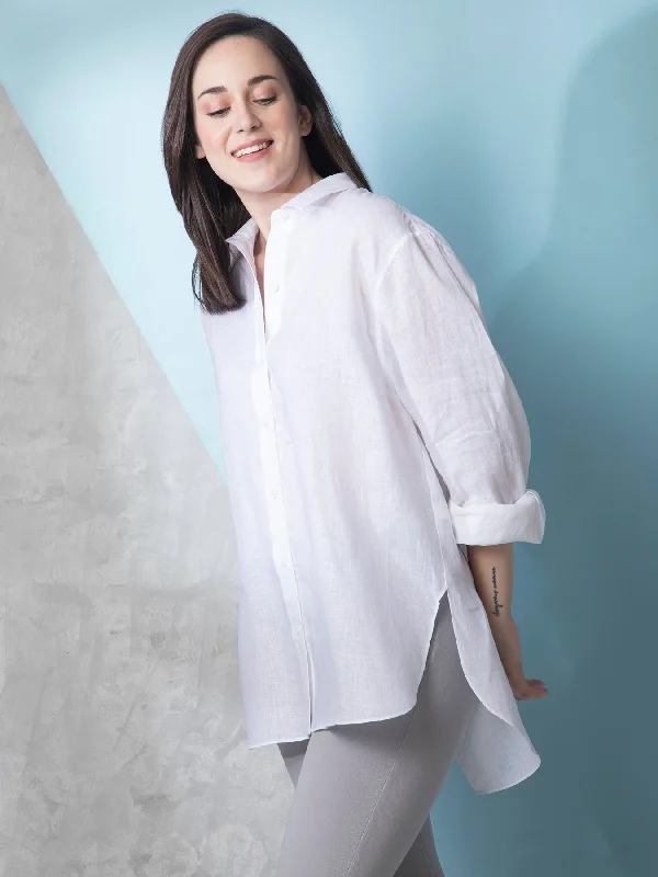 women's tops for those who want to show off their figure in a flattering wayCotton Collared Oversized Shirt - White