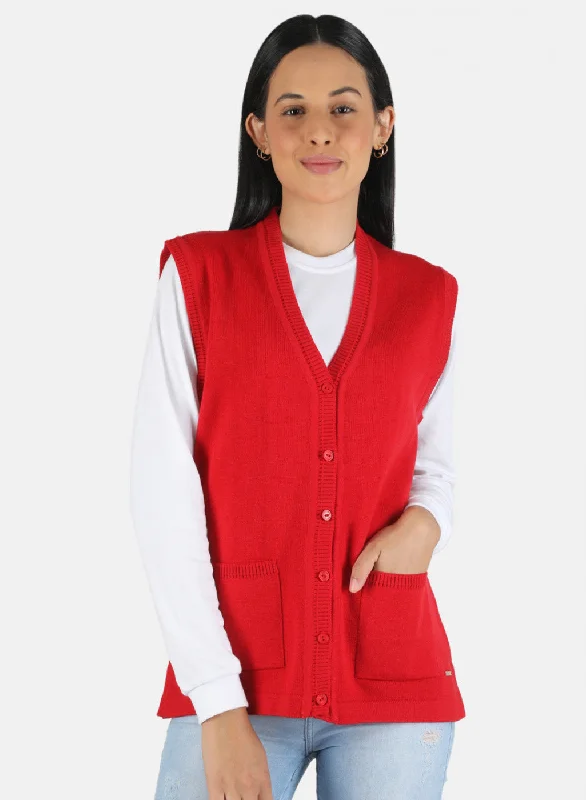 High-Neck SweatersWomen Red Solid Cardigan