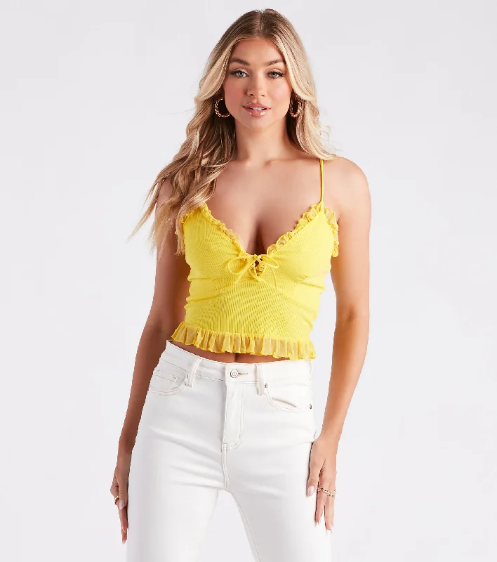 women's tops for those who want to stay cool and chic during warmer weatherFrill Of The Moment Ruffle Tank Crop Top