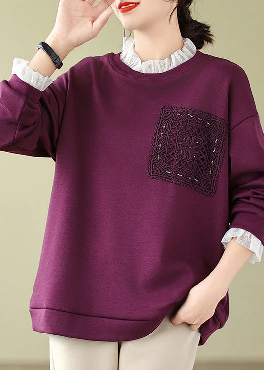 women's tops for those who want to stay updated with the latest fashion trendsWomen Purple Lace Patchwork Warm Fleece Sweatshirts Spring