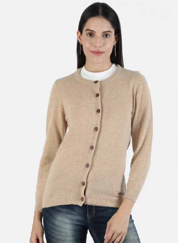 Women's SweatersWomen Beige Solid Cardigan