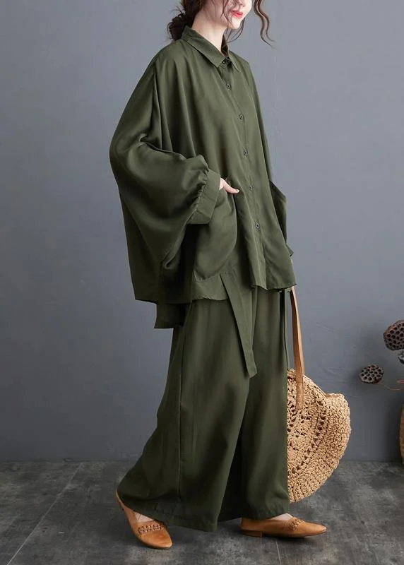 striped women's topsBlackish Green Two Piece Leisure Wide Legged Pants With Spring Art Loose Chiffon Shirt