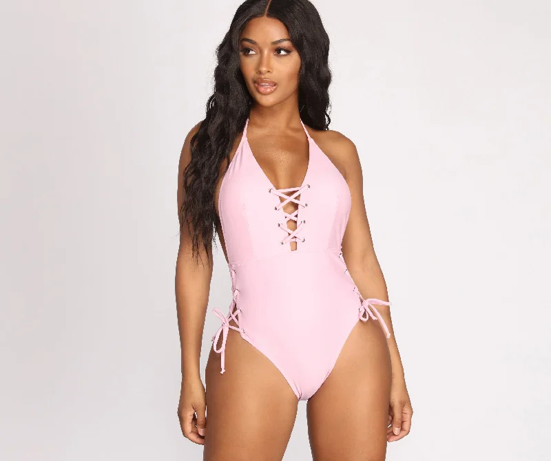 Halter Bikini FemaleBeachside Babe Lace Up One Piece Swimsuit