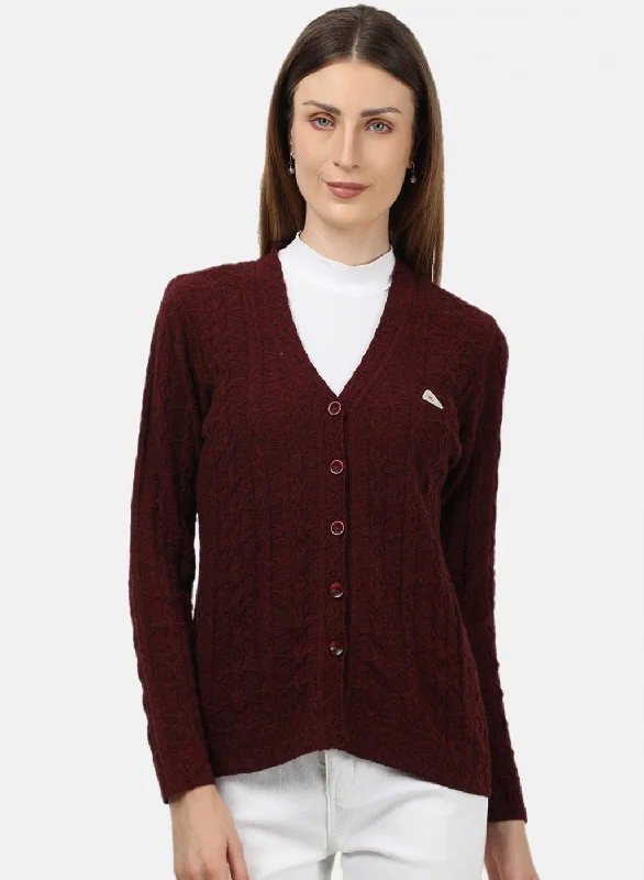 Chunky Men's SweatersWomen Maroon Self Design Cardigan