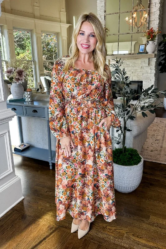 Flutter-Sleeve DressPainted Fruit & Floral Square Neck Pocketed Maxi Dress