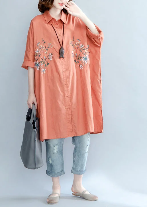 breathable women's tops for summerWomen orange red linen crane tops Plus Size Tutorials lapel embroidery Summer shirt