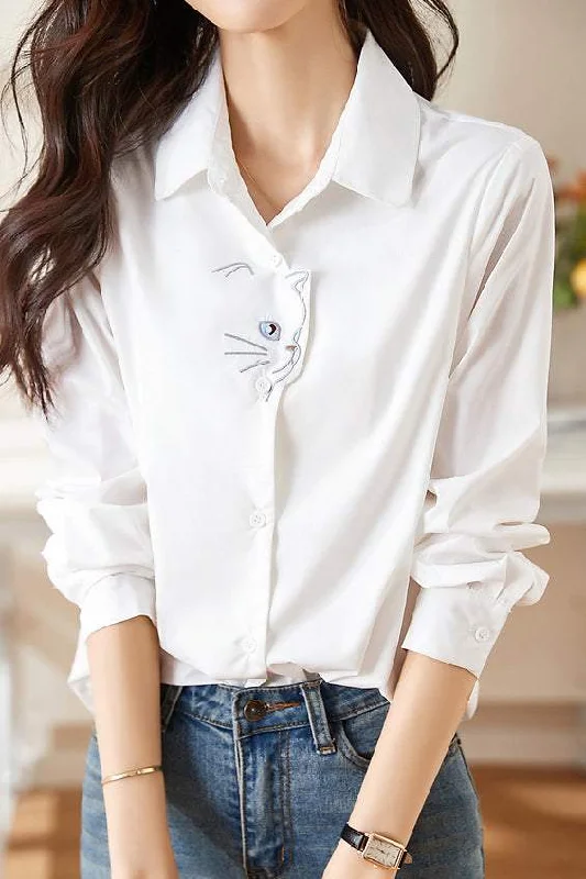 women's tops with spaghetti straps and deep V-necksFront Cat Embroidery Long Sleeve Shirt