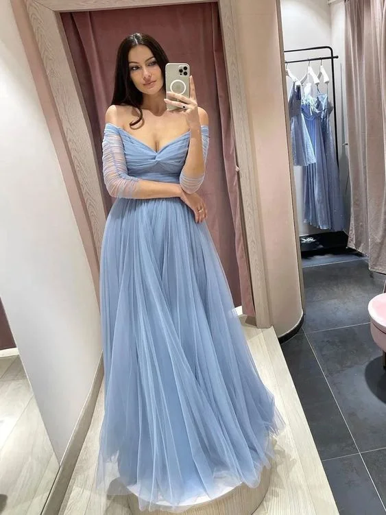 Pastel DressSimple blue tulle long prom dress blue tulle formal dress Y5579