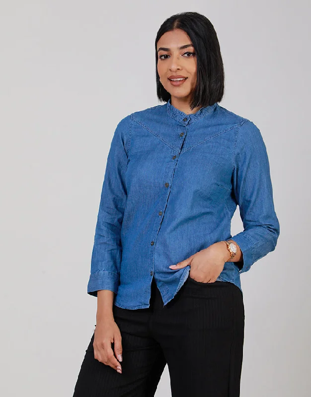 women's tops for those who want to invest in timeless piecesChinese Collar Cambray Shirt Blouse