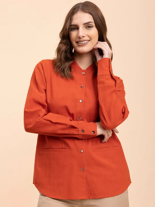 long-sleeved women's topsLinen Rib Collar Shirt - Burnt Orange