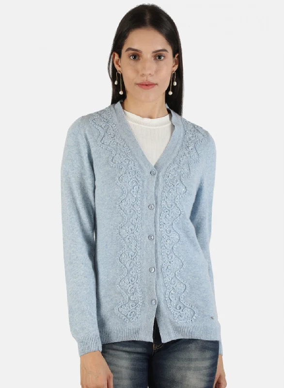 Plus-Size Pullover Chunky SweatersWomen Blue Self Cardigan