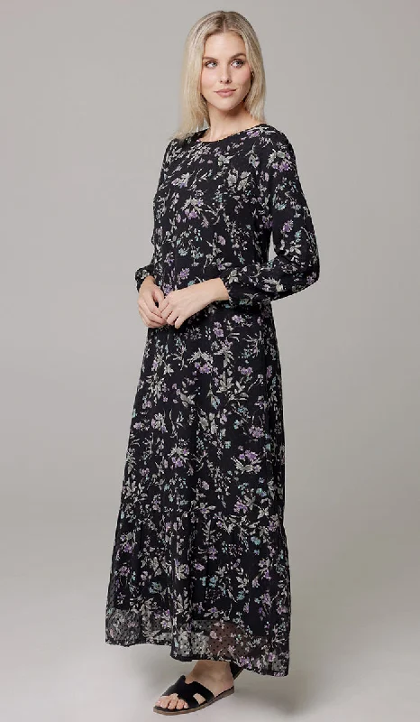 women's bridesmaid dressesBatool Print Chiffon Modest Long Maxi Dress - Black/Multi Floral