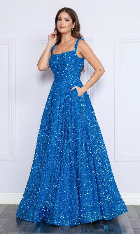 Satin DressVelvet-Sequin Long A-Line Prom Gown: Poly USA 9106