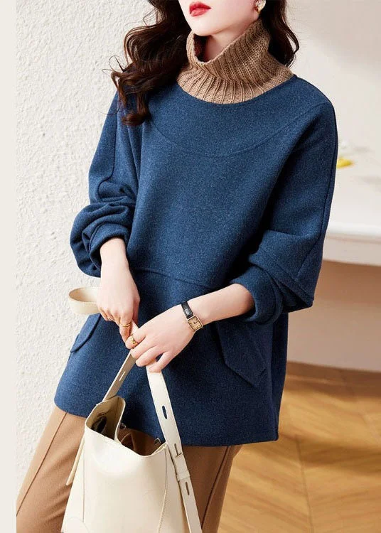 women's tops with lace-up frontsNew Blue Hign Neck Thick Patchwork Cotton Blouse Top Spring