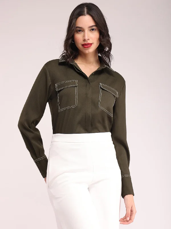 women's tops with bell sleevesConcealed Placket Shirt - Olive