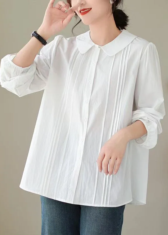 women's tops for those who prefer classic over trendy stylesSimple White Peter Pan Collar Wrinkled Cotton Shirt Spring