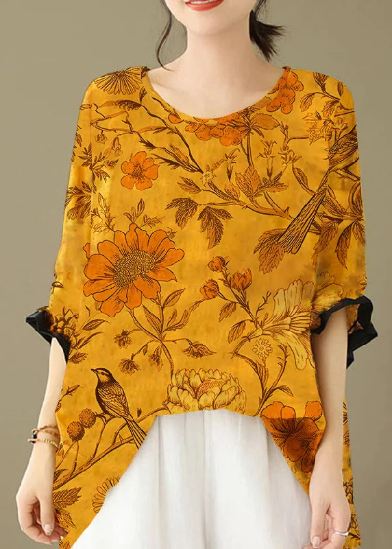 women's tops for those who want to add a bit of flair and personality to their looksOrange yellow- floral Print Patchwork Cotton Loose Tops O Neck Summer