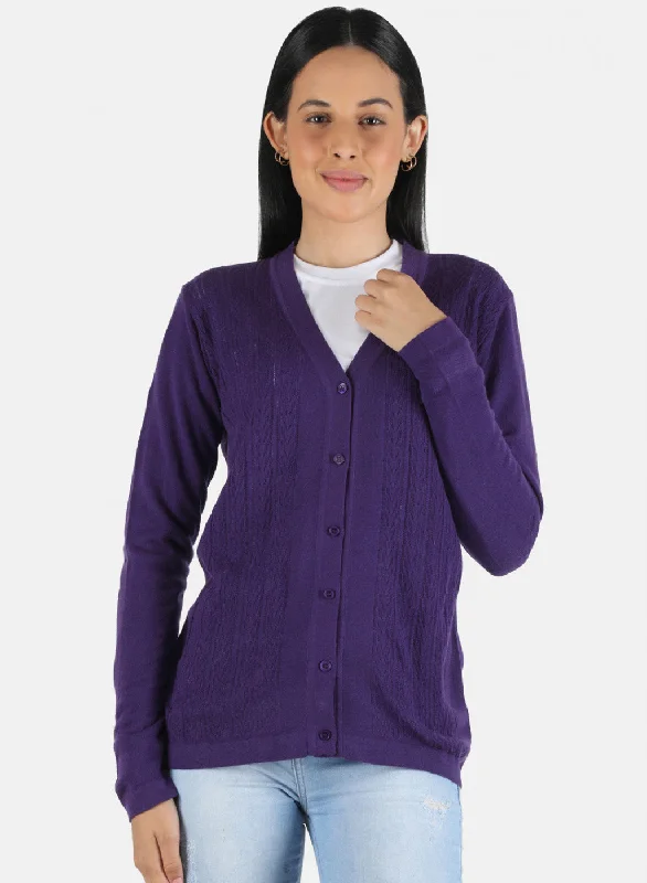 Plus-Size Quick-Dry Soft Knitted SweatersWomen Purple Self Design Cardigan