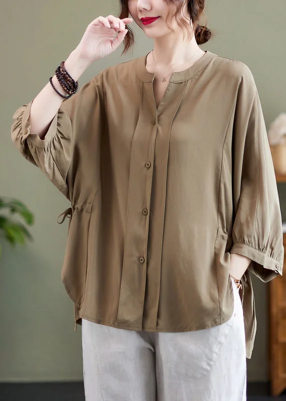 long-sleeved women's topsElegant Khaki Oversized Drawstring Cotton Shirt Top Bracelet Sleeve