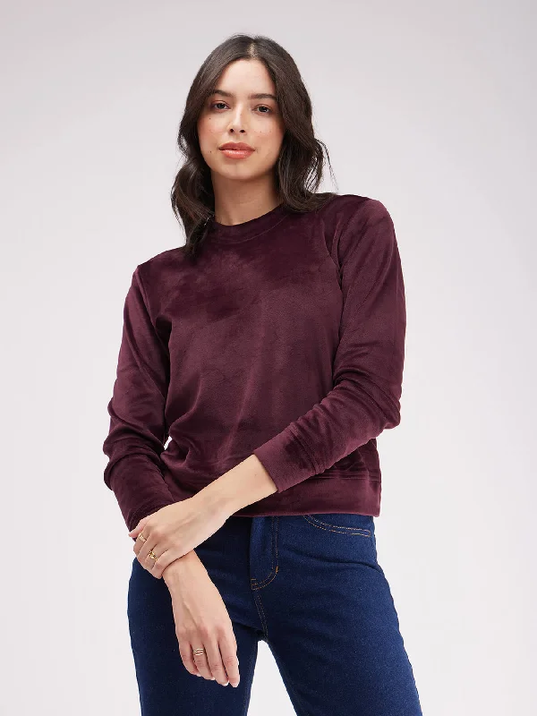 women's tops with floral printsRound Neck Fleece Sweatshirt - Maroon