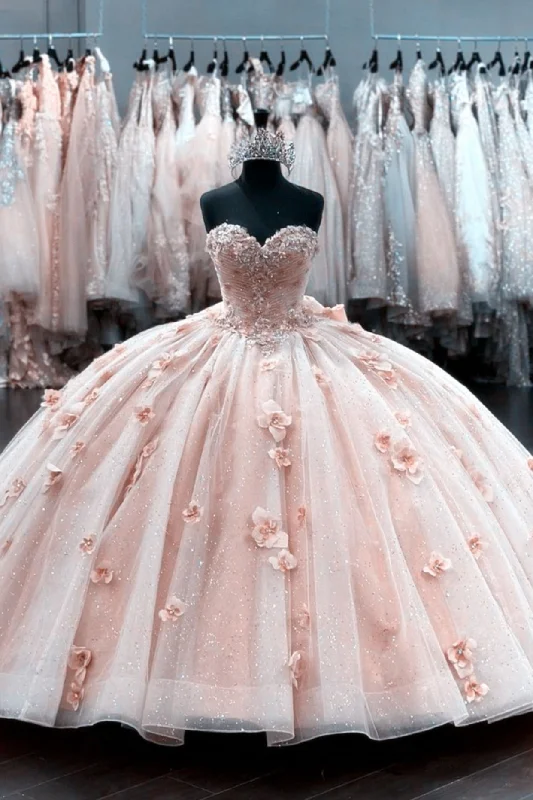 Designer DressElegant Blush Pink Tulle Ball Gown 15 Dress with 3D Flowers Y2582